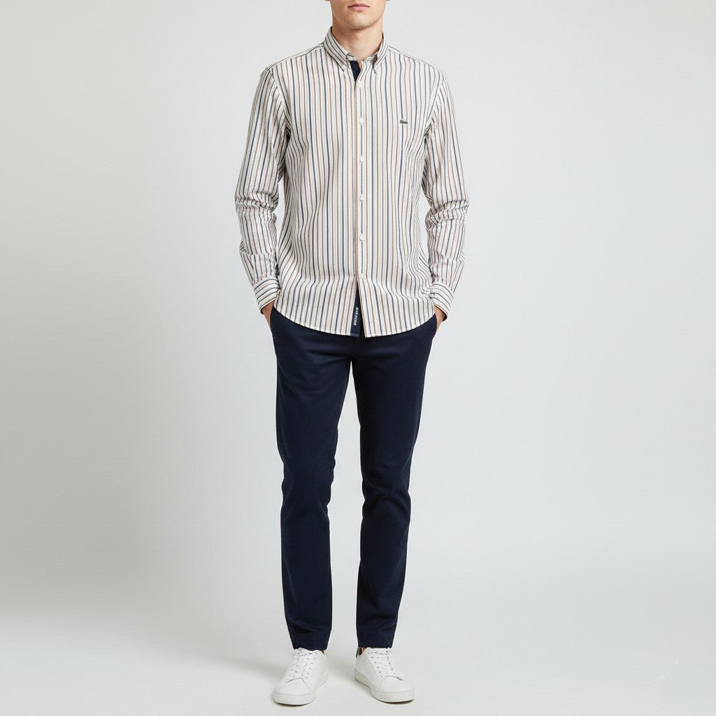 Lacoste Men 44 L Casual Shirt White Yellow Striped Cotton Long Sleeve Top