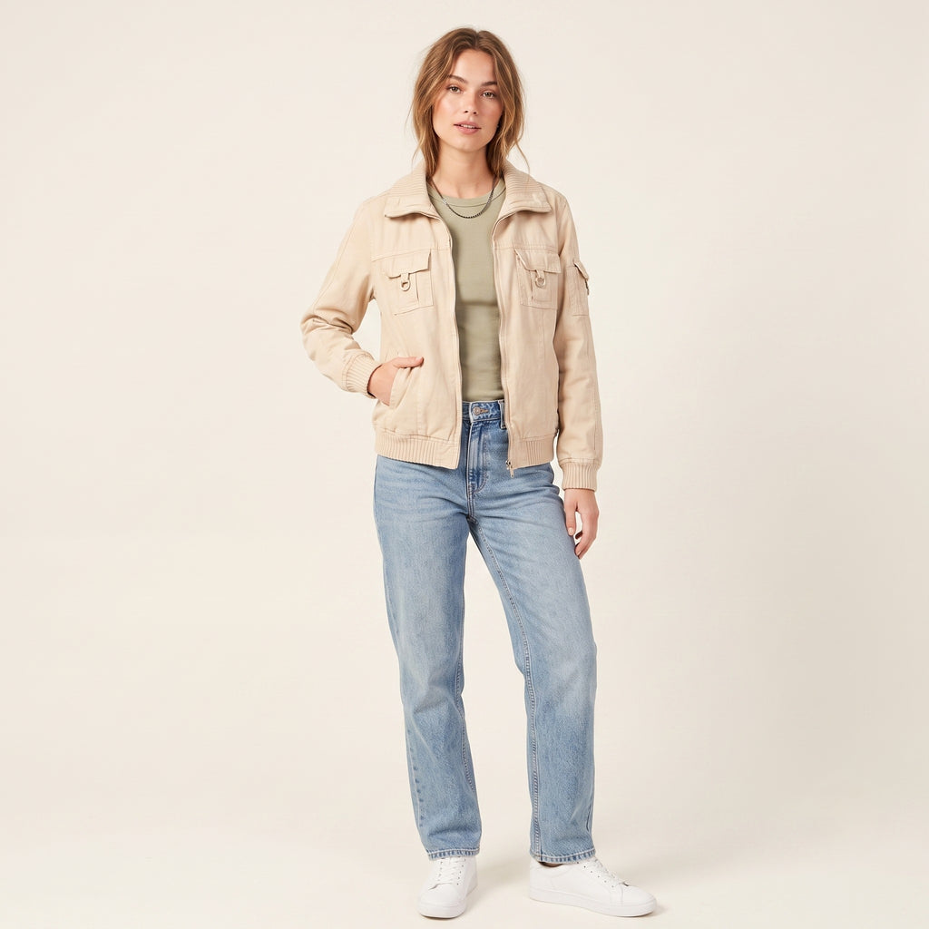 JOHN F. GEE Women S Jacket Beige Cotton Collar Full Zipper Long Sleeve Vintage Pockets Sport Top