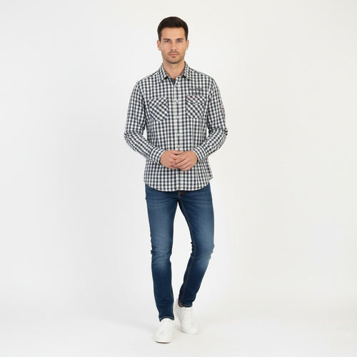 Camp David Men M Casual Shirt Navy Cotton Check Long Sleeve Muscle Fit Top