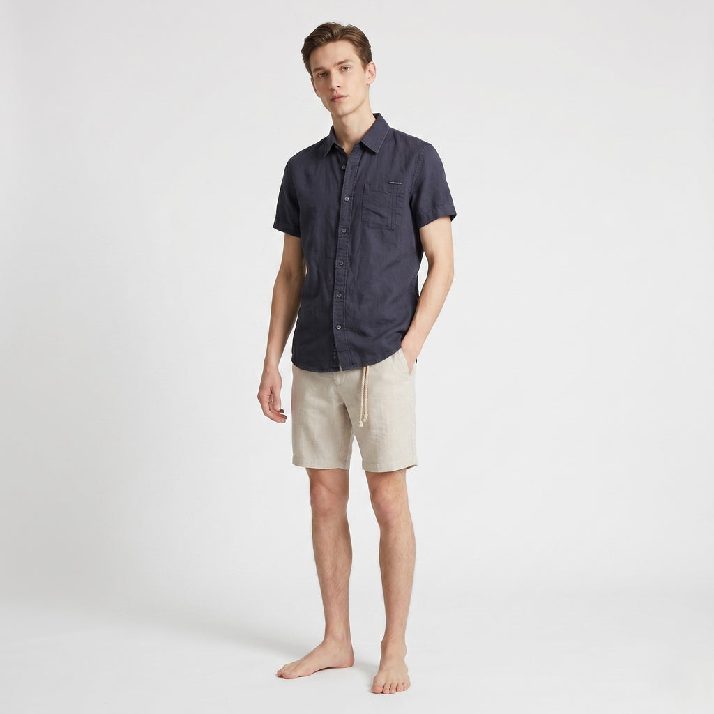 Calvin Klein Jeans Men S Casual Shirt Navy 100% Linen Summper Pocket Top