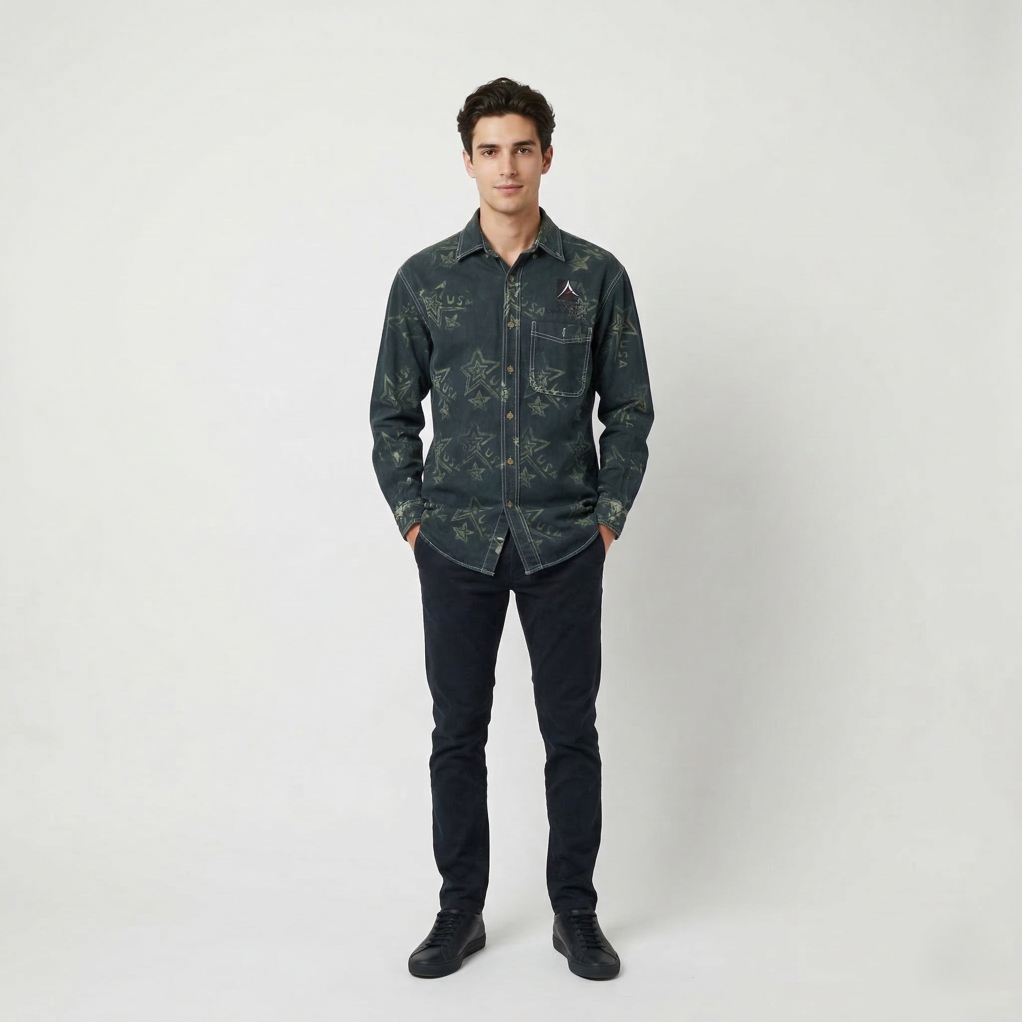 Lee Men S Casual Shirt Navy Denim Cotton USA Stars Printed Alliente Trails Long Sleeve Top