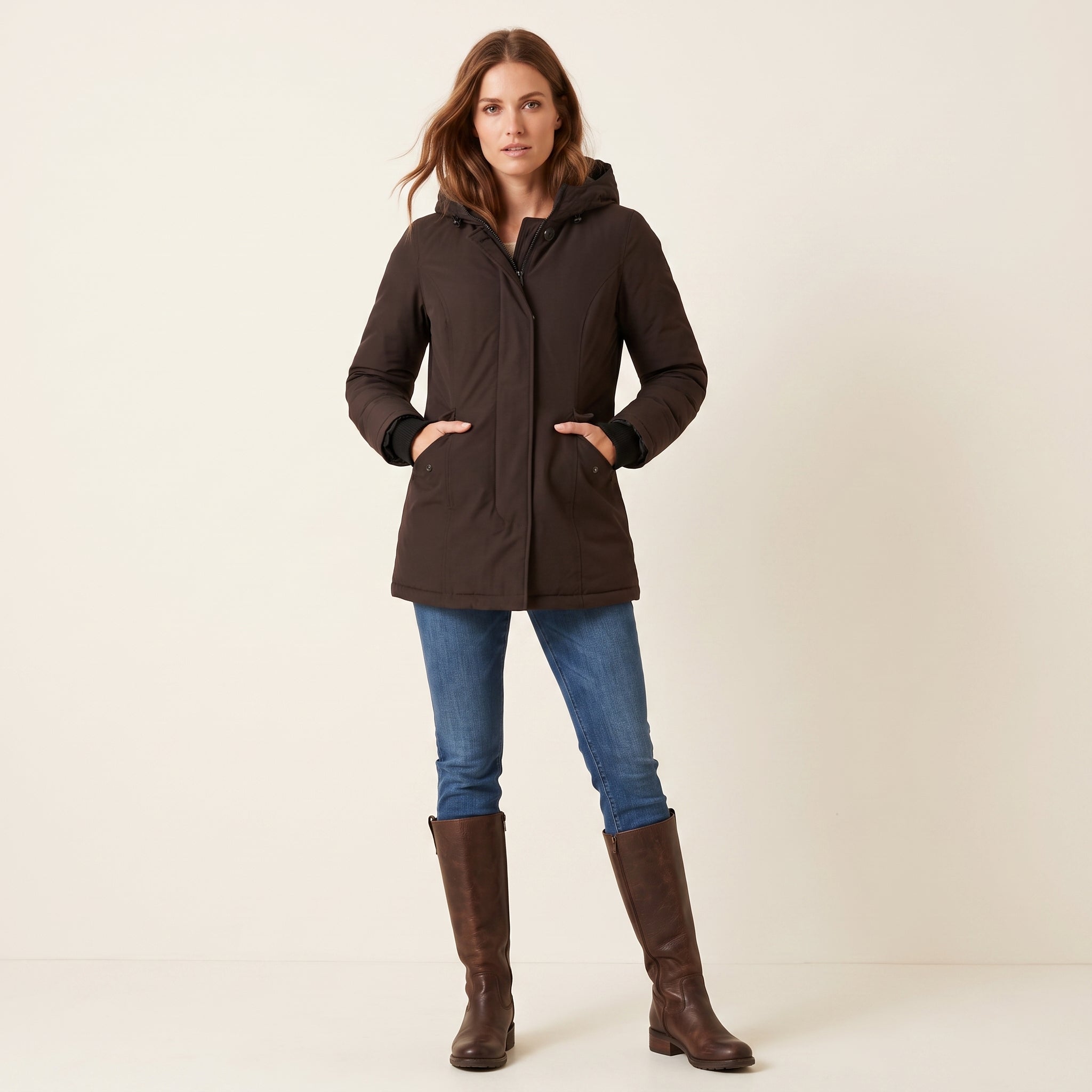 Woolrich Women S Down Jacket Brown Cotton nylon Padded Hooded Full Zipper Top