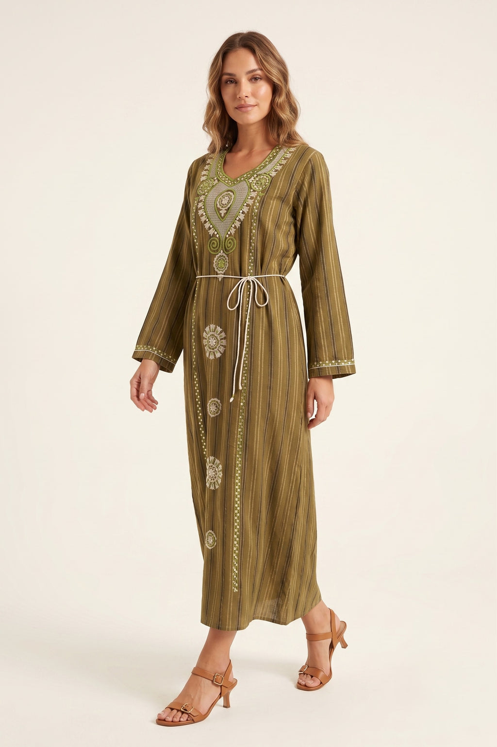 SAAD Women S Long Dress Green Embroidered Hindu  Striped V Neck