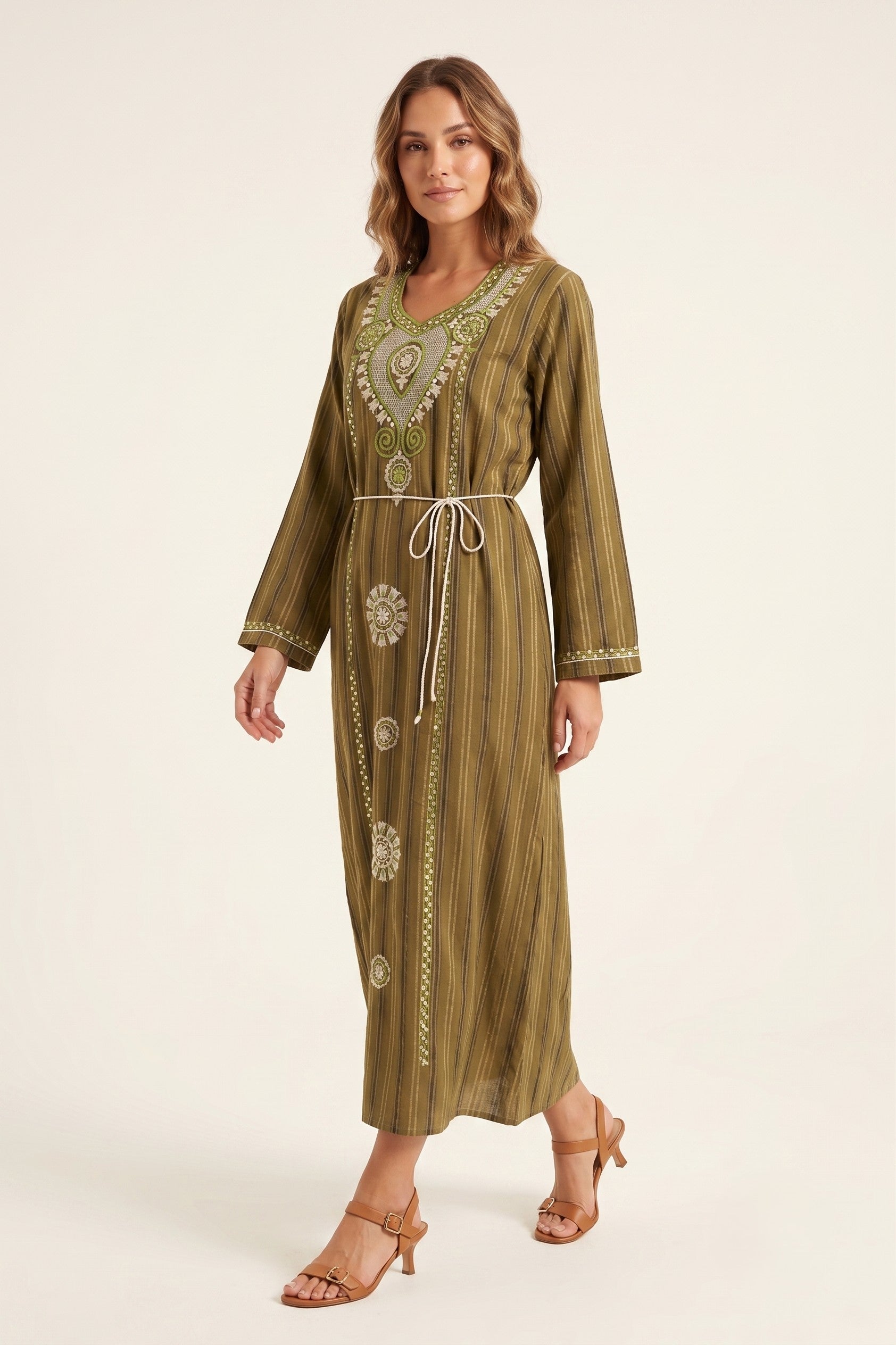 SAAD Women S Long Dress Green Embroidered Hindu  Striped V Neck