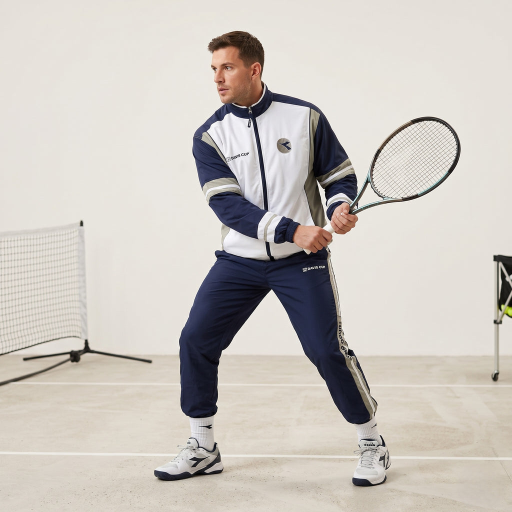 Diadora Davis Cup Men 40 50 L Sweatshirt White Vintage Tennis Snap Sleeve Track Top
