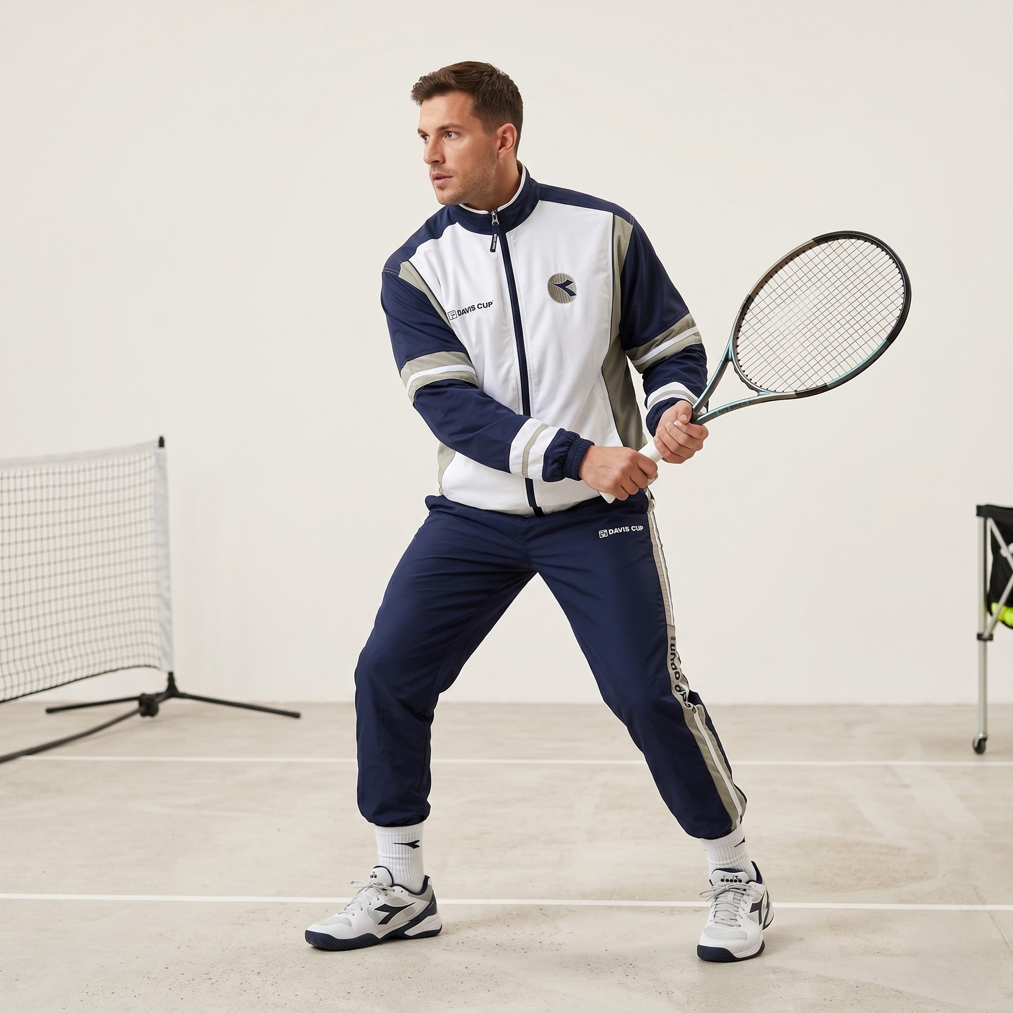 Diadora Davis Cup Men 40 50 L Sweatshirt White Vintage Tennis Snap Sleeve Track Top