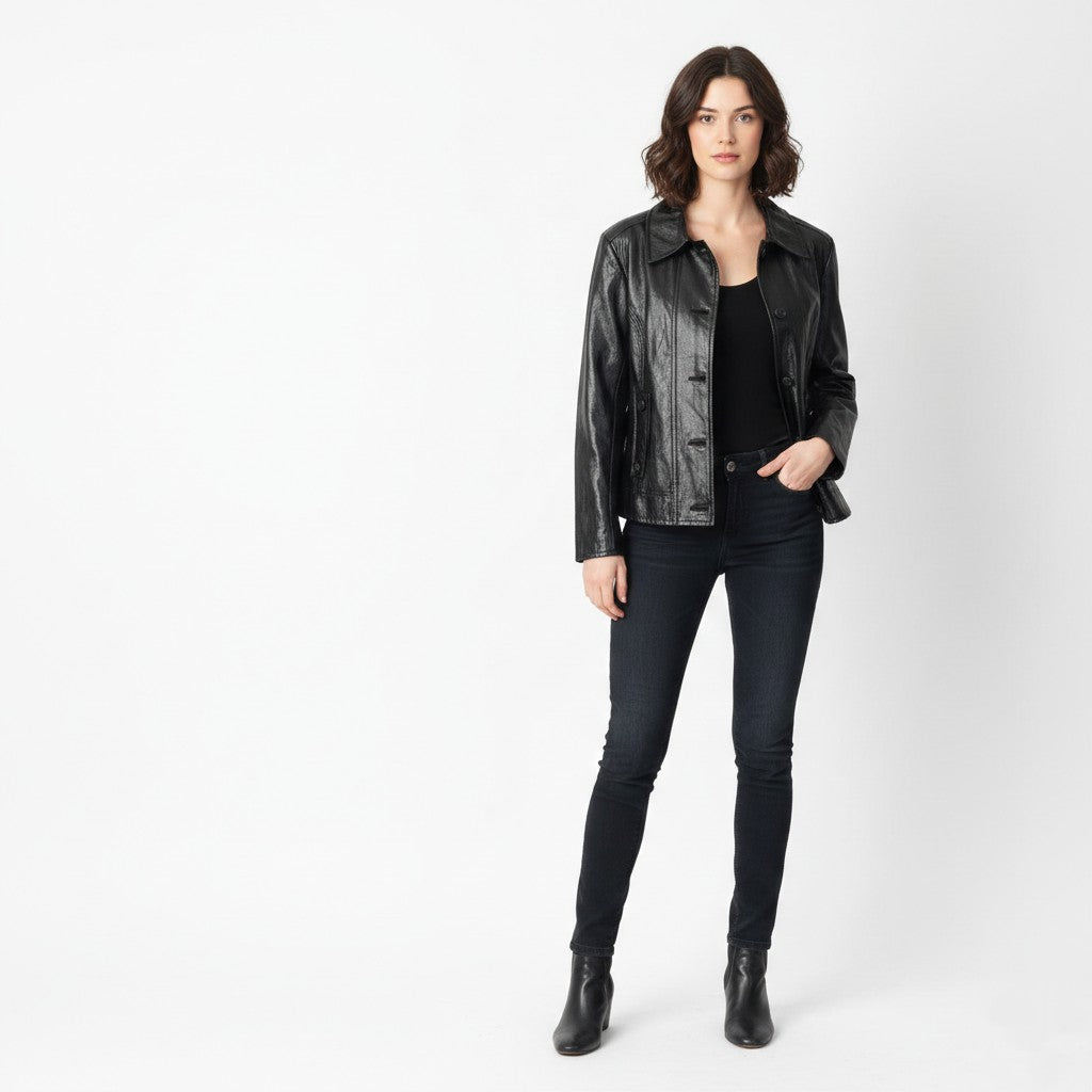 Marc Aurel Womens 38 S Jacket Black Shiny Full Zipper Biker Lightweight Classic Top