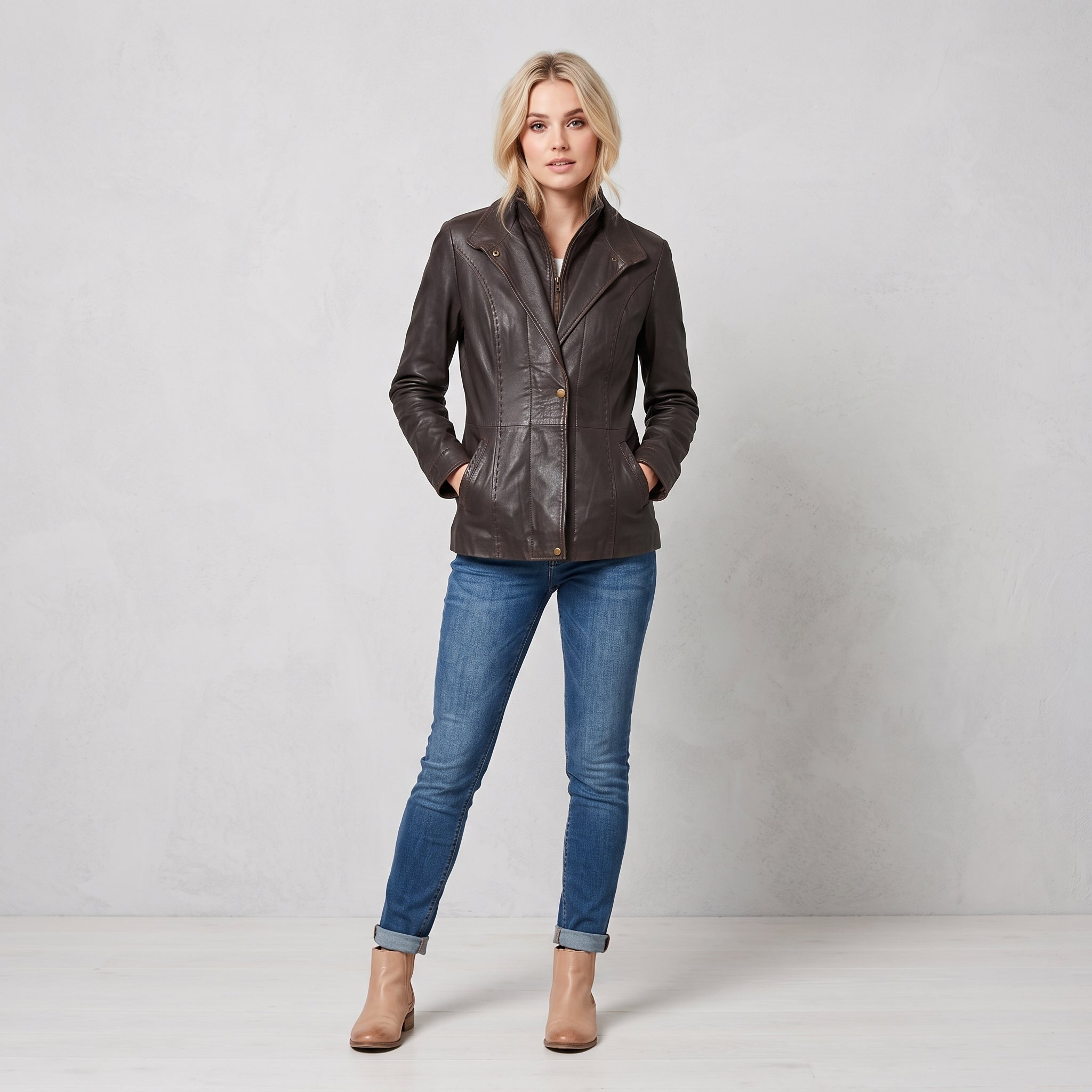 Simon B Collection Women 48 M Jacket Brown Soft Leather Zip Up Biker Vintage Top
