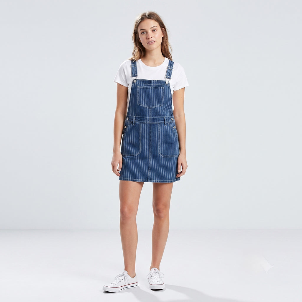 TU Women 10 S Denim Dress Navy Cotton Striped Mini Dungaree Sport