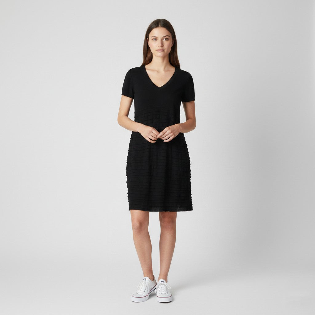 ESCADA Sport Women M Dress Black Viscose Cotton Blend Midi Flounces