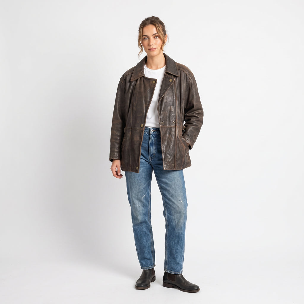 Hollies Giacca da donna M Top da motociclista con cerniera vintage pesante foderato in pelle marrone