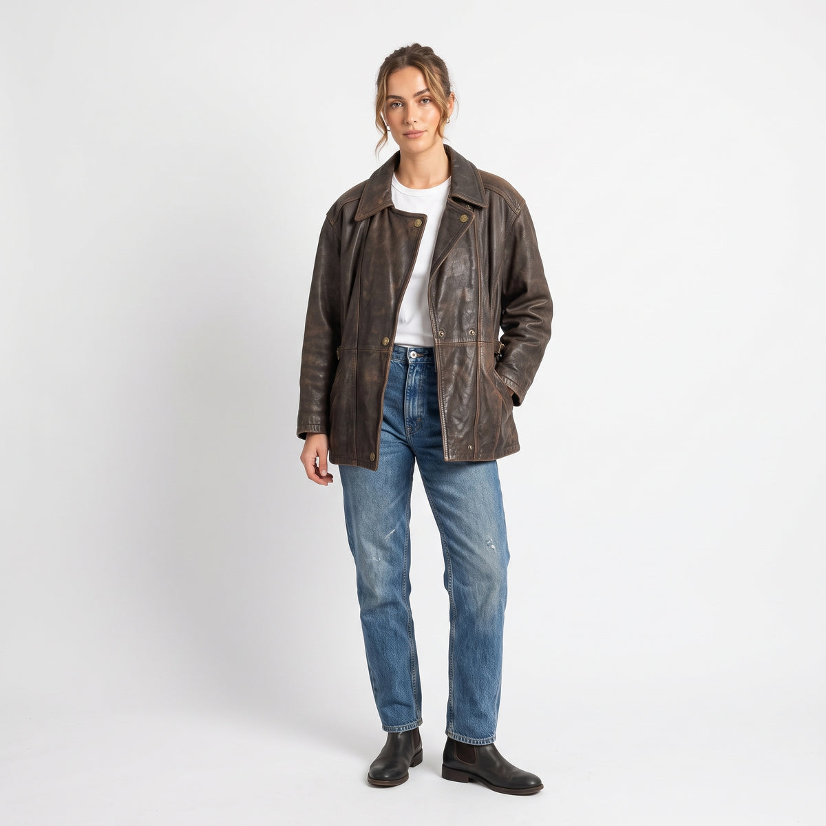 Hollies Giacca da donna M Top da motociclista con cerniera vintage pesante foderato in pelle marrone
