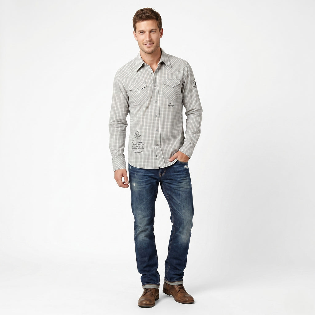 Diesel Men L Casual Shirt Gray Check Cotton Pockets Snap Long Sleeve Slim Top