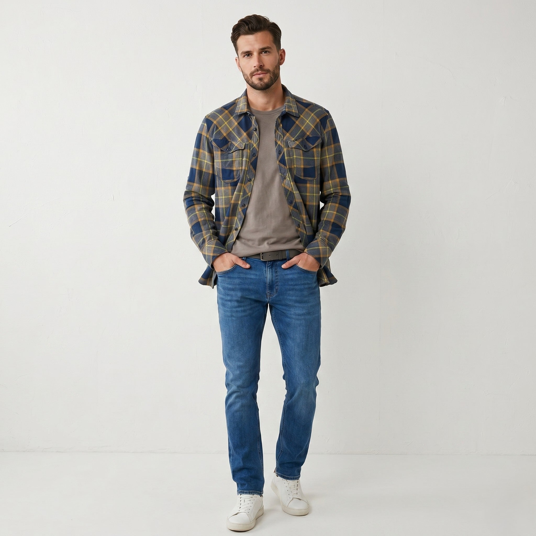 G-STAR RAW Men L Casual Shirt Navy Check Cotton Arc 3D Long Sleeve Top