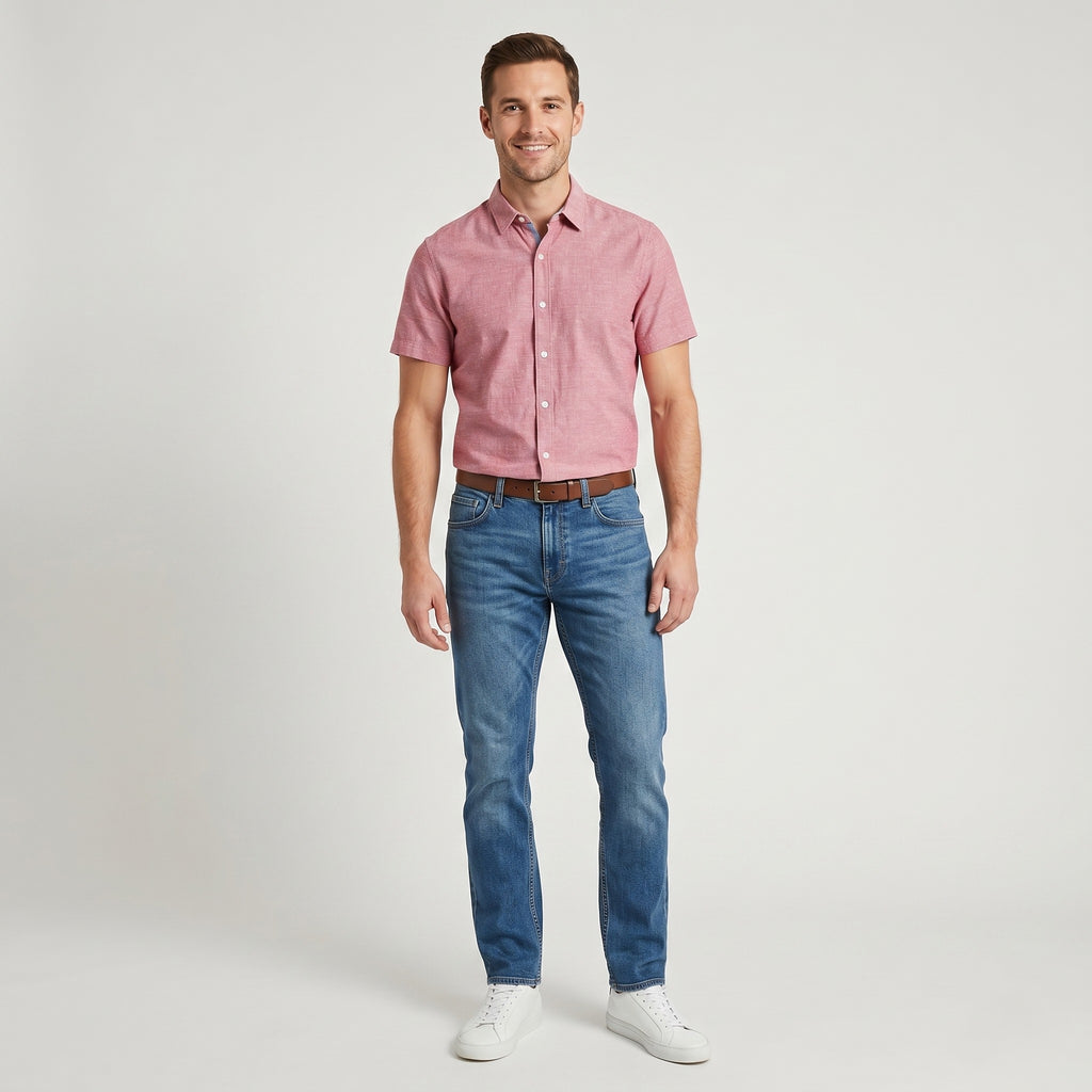 Timberland Men S Casual Shirt Pink Cotton Slim Fit Short Sleeve Top