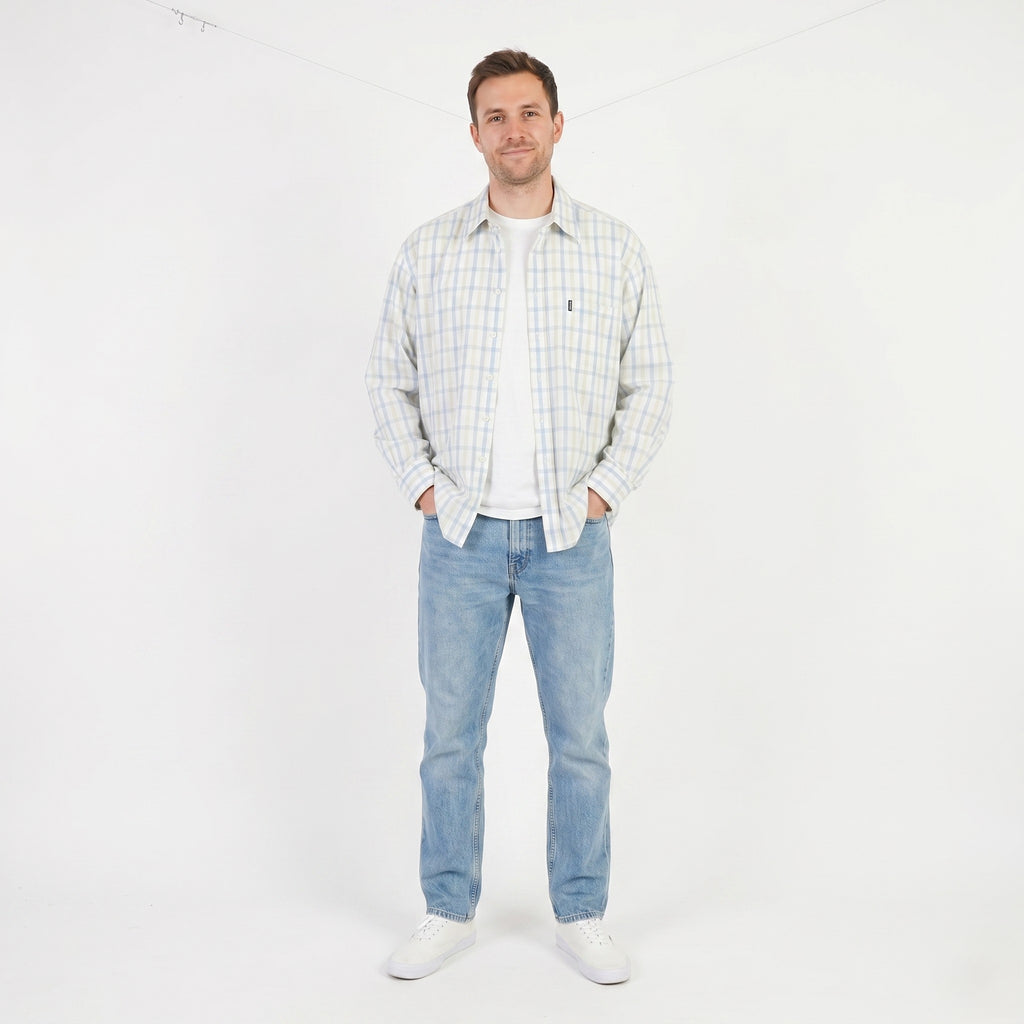 Sergio Tacchini Men L Casual Shirt Cream Cotton Check Milano Long Sleeve Top