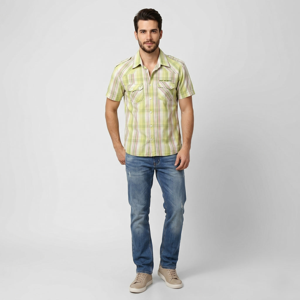 Duck and Cover Men XL (M) Casual Shirt Green Check Cotton Pockets Short Sleeve Top