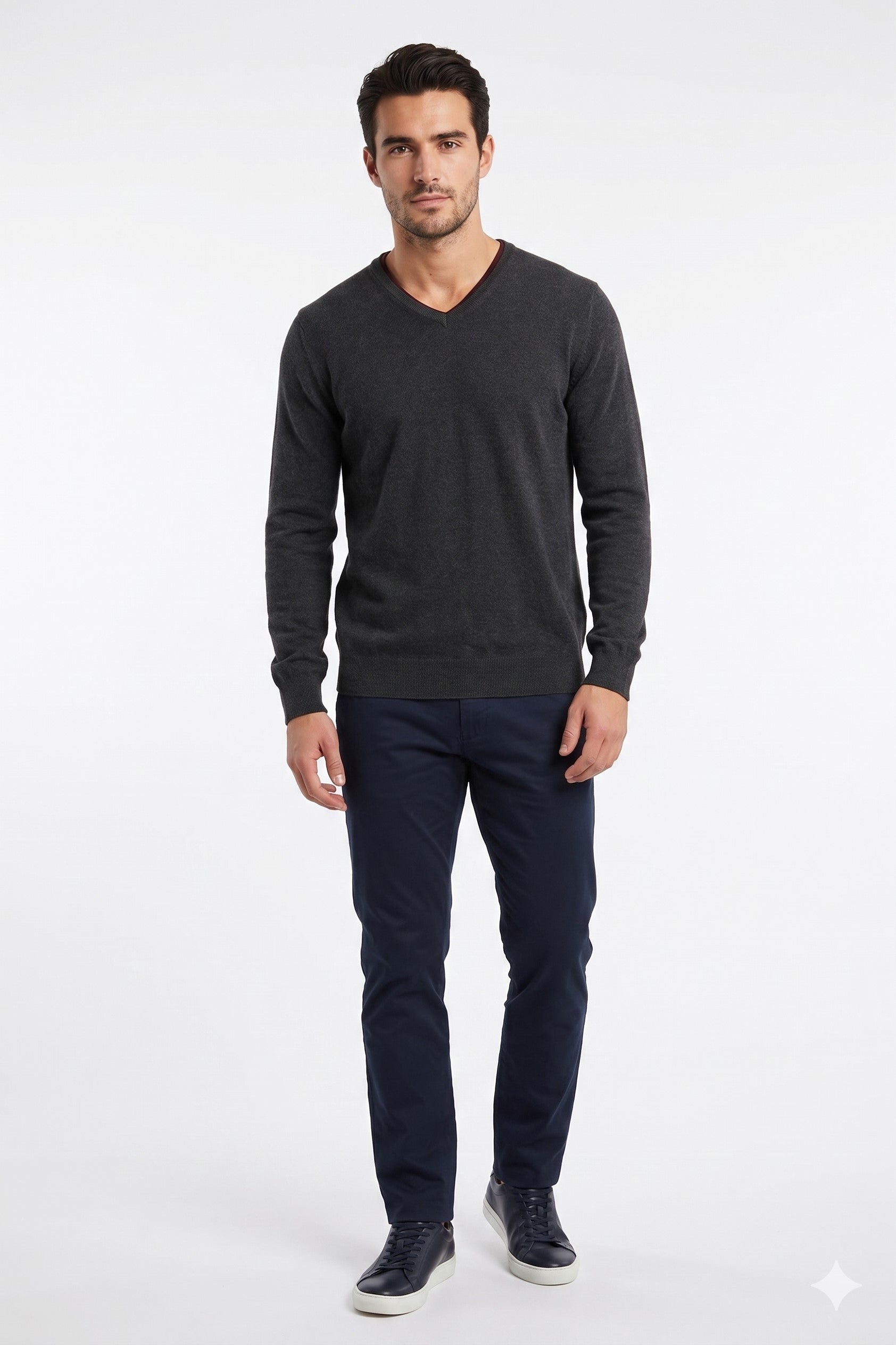 Jeff Banks Men L (M) Jumper Gray Cotton V Neck Stretch Light Classic Sweater