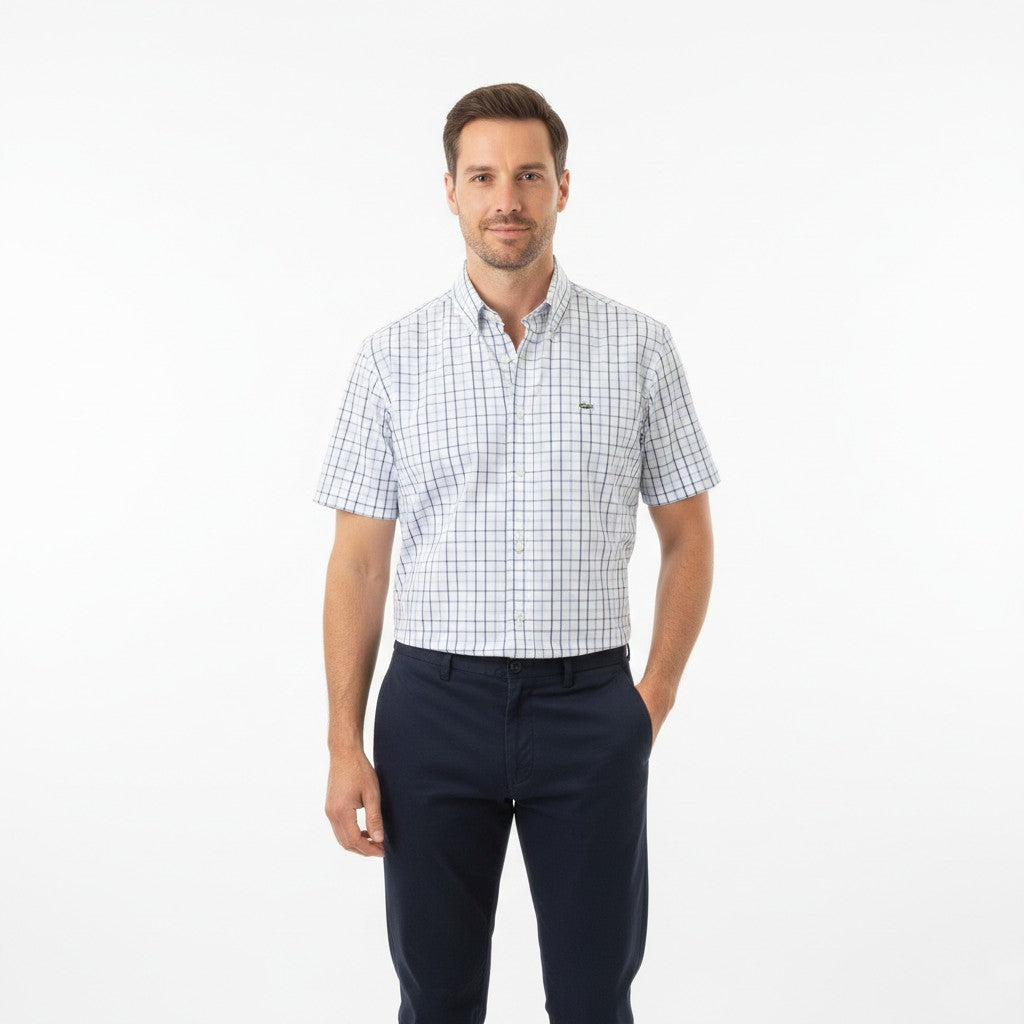 Lacoste Men 46 XL Casual Shirt Checkered Blue Short Sleeve Classic Collar Cotton Top