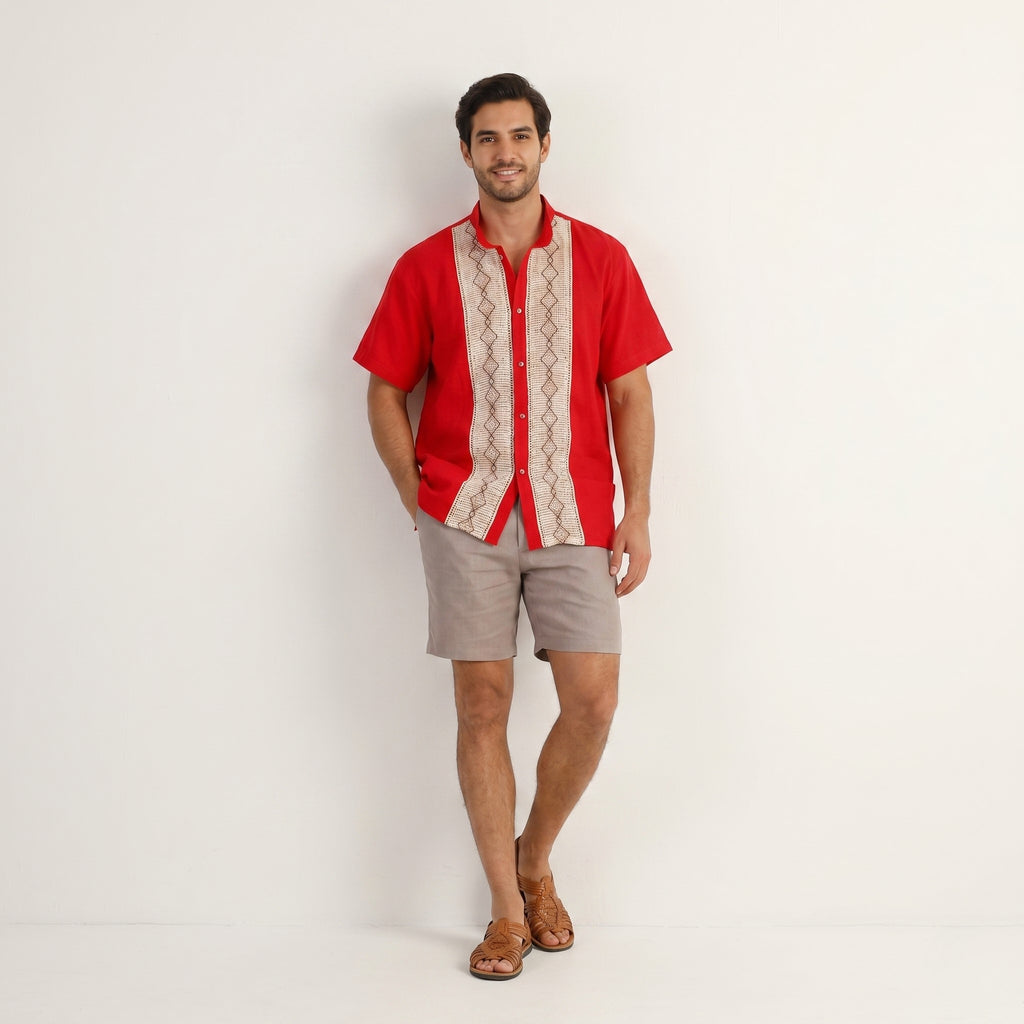 EX Men L Casual Shirt Red Cotton  Embroidered Oversize Vintage Retro Top