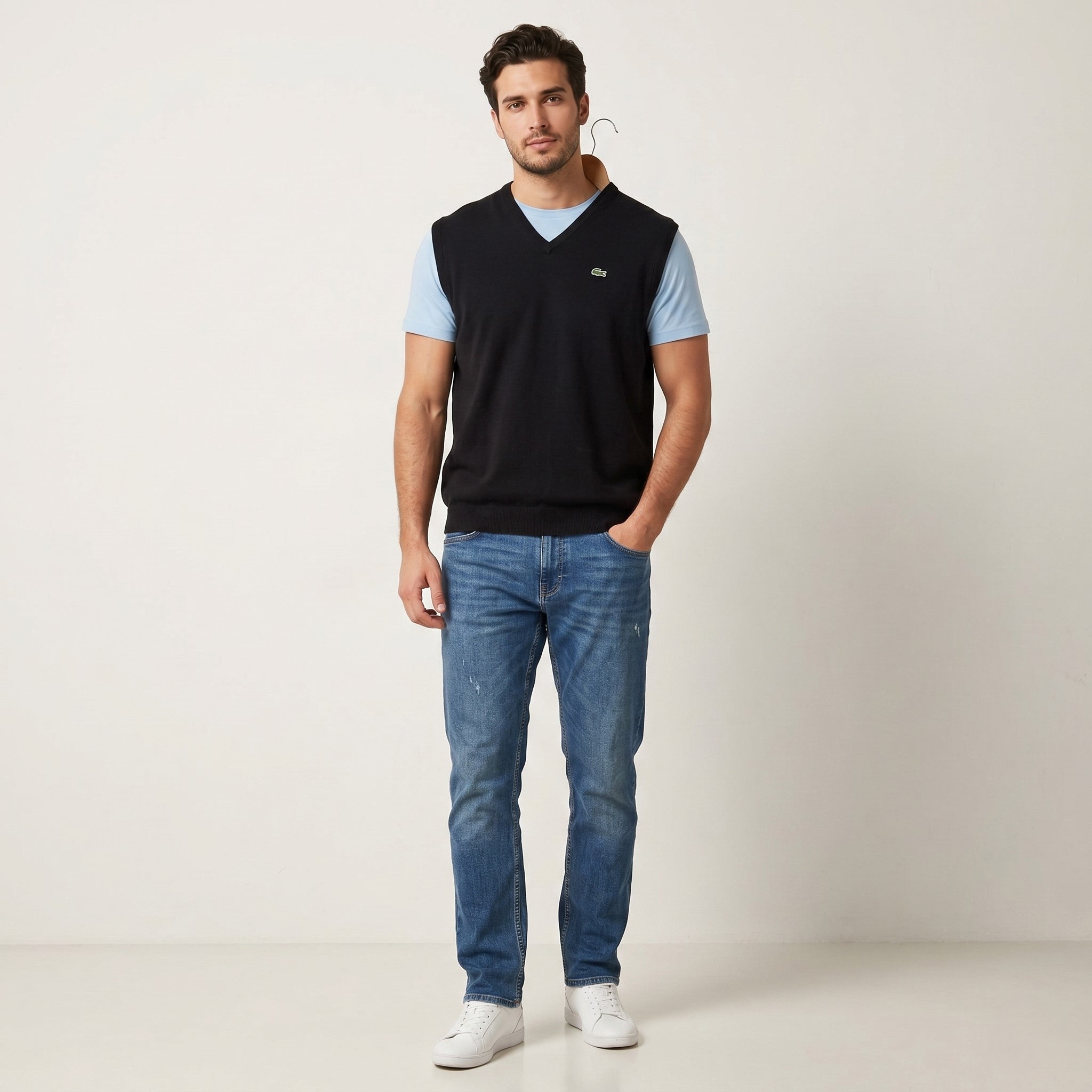 Lacoste Men 9 XXL Sweater Vest Black Pure Wool Stretch Casual Top