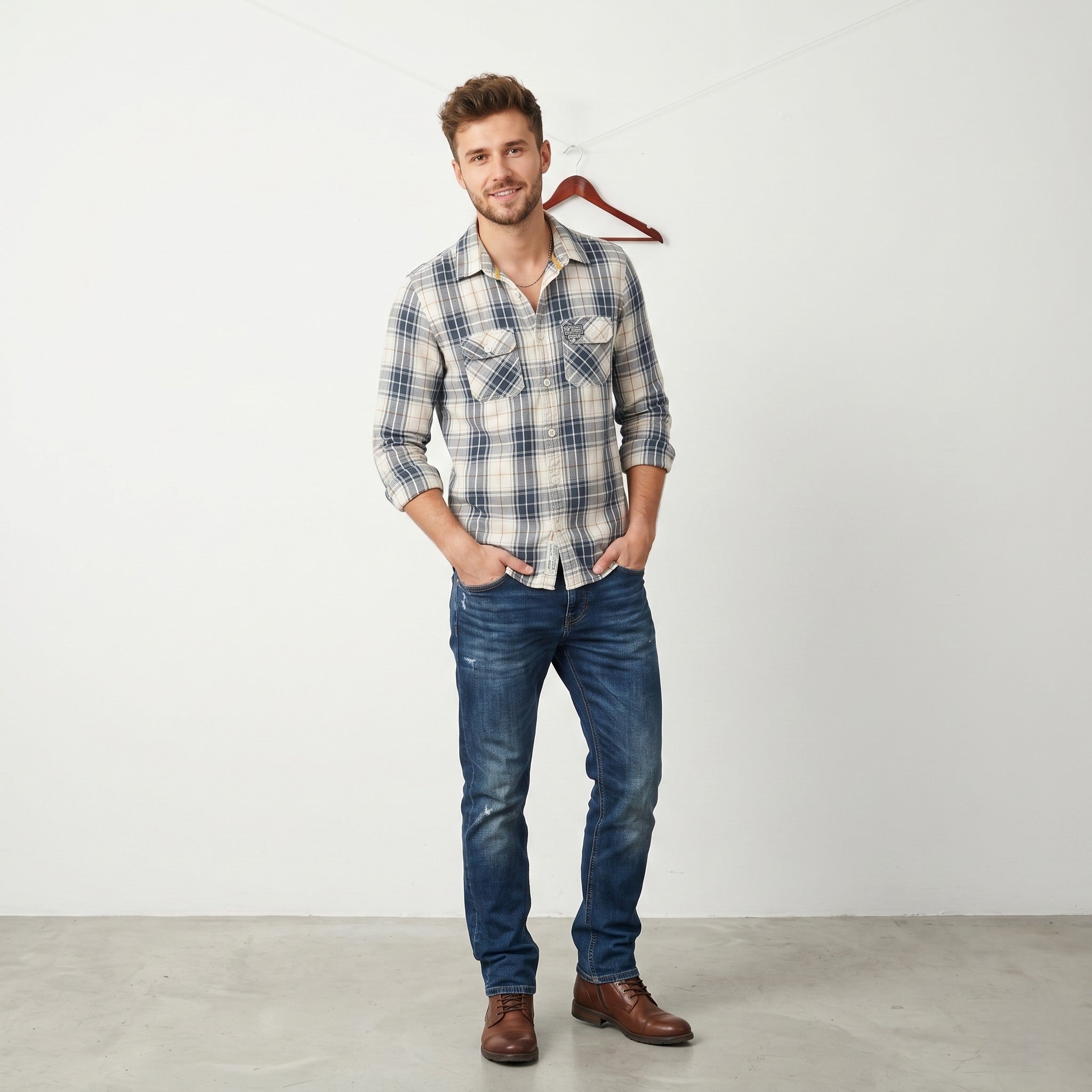 Superdry Men M Casual Shirt Beige Check Cotton Pocket Long Sleeve Top