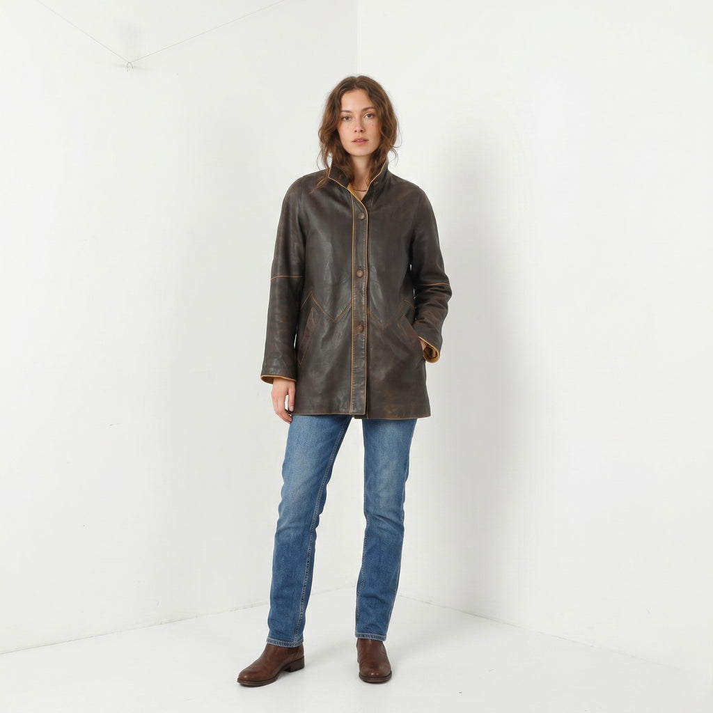 Pieles Mijas Women 38 S Jacket Brown Leather Soft Cow Skin Single Breasted Top
