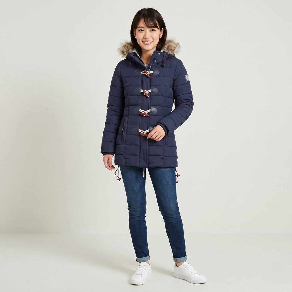 Superdry Women 8 35 S Jacket Navy Padded Hodded Duffle Zipper Winter Top