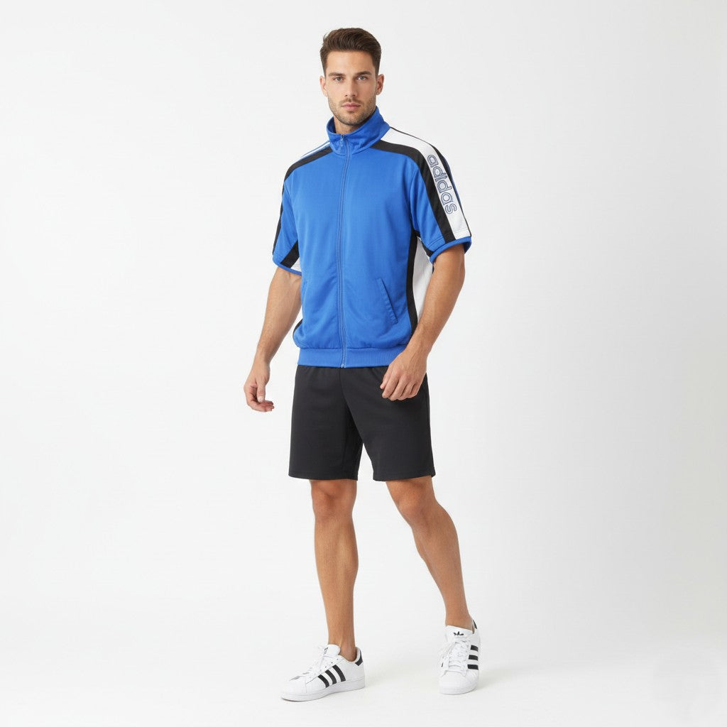 Adidas Men L 186 Sweatshirt Blue Vintage Warm Up Short Sleeve Full Zipper Top
