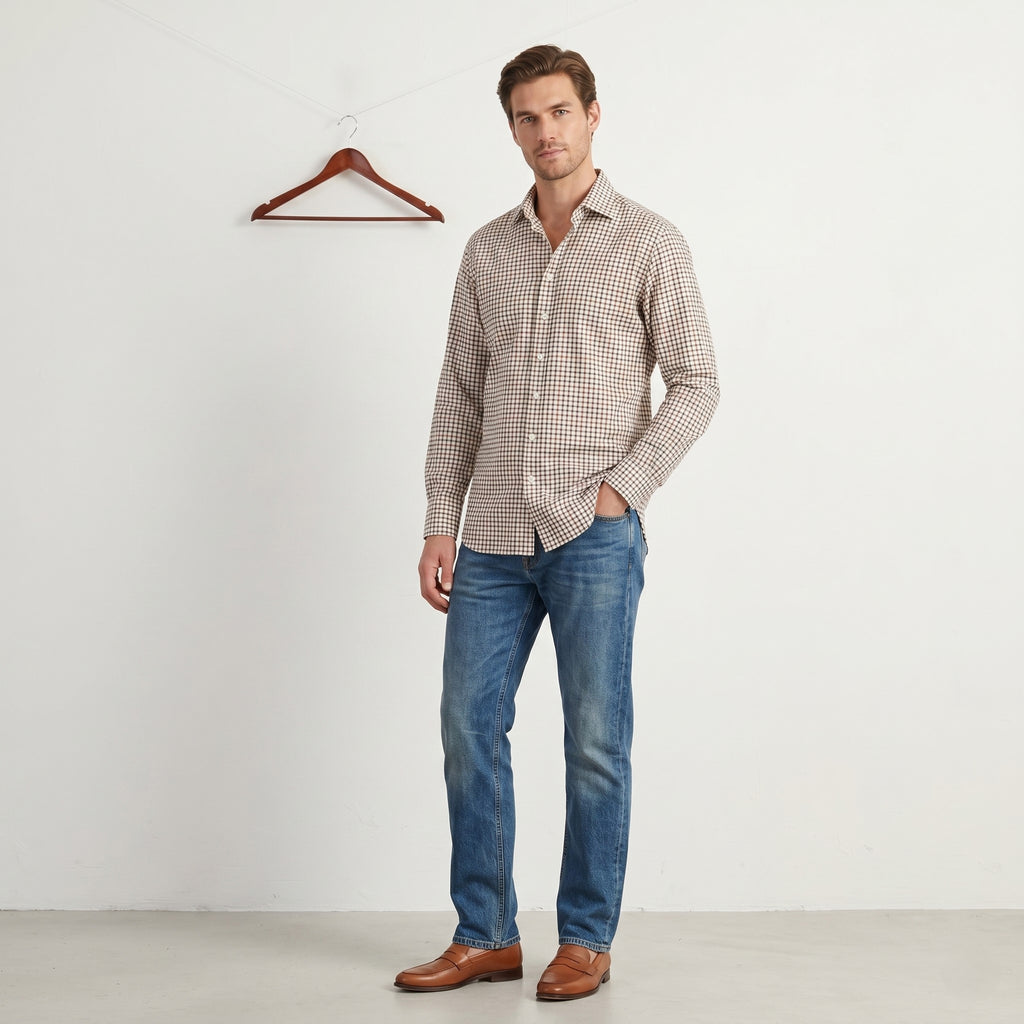 Charles Tyrwhitt Men 16 41 L Casual Shirt Beige Check Multi Colour Cotton Long Sleeve Top