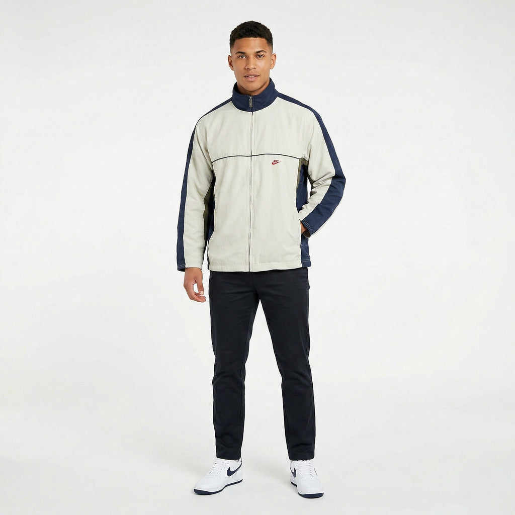 Nike Men L Jacket Crem Navy Vintage Sportswear Full Zipper 90s Activewear Top