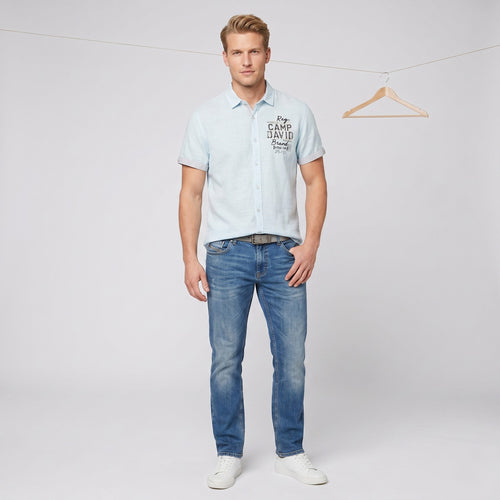Camp David Men L Casual Shirt Regular Fit Blue Quality Garments Short Sleeve Cotton Striped Top