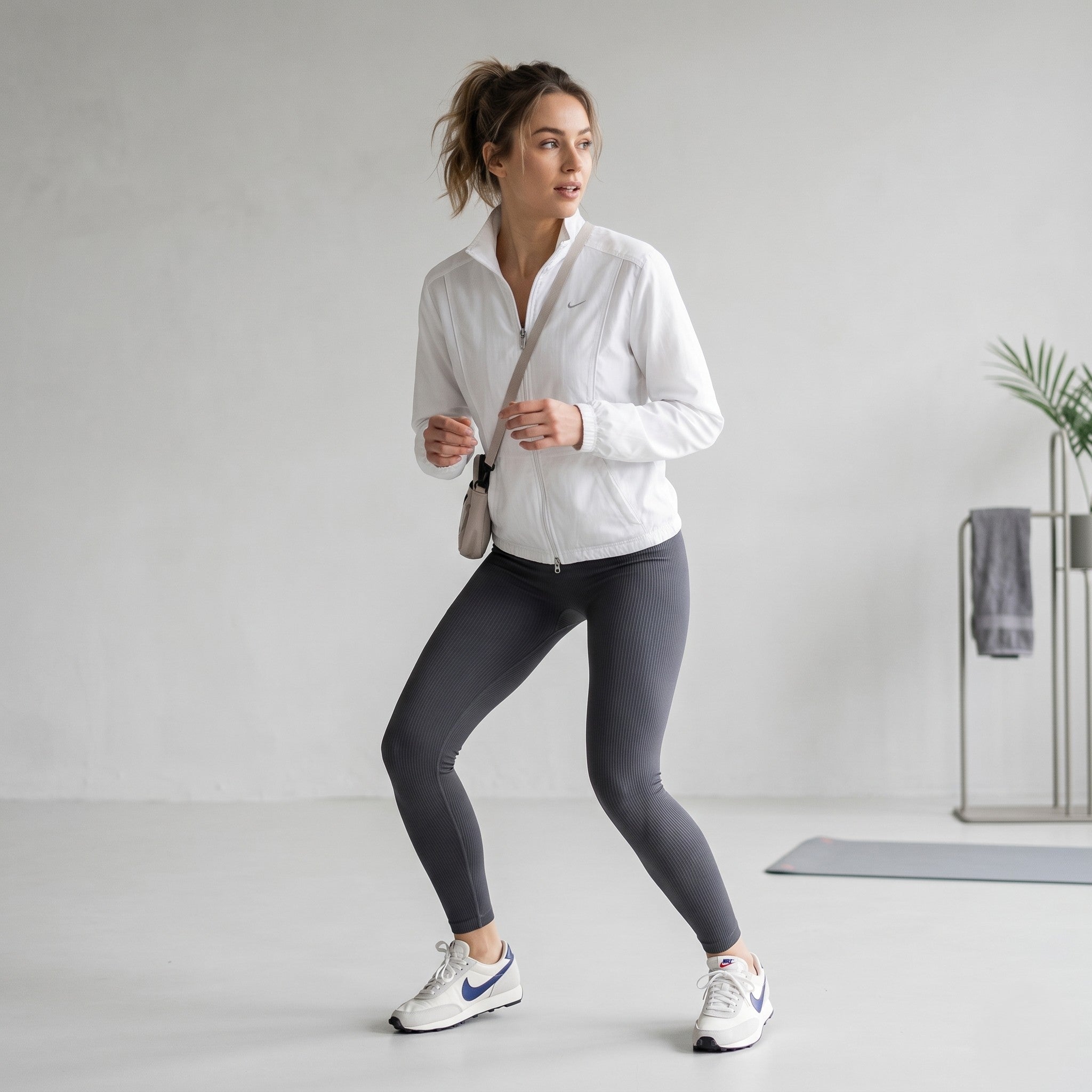Nike Woman M Jacket White Outwear Sport Running Long Sleeve Collar Full Double Zipper Top
