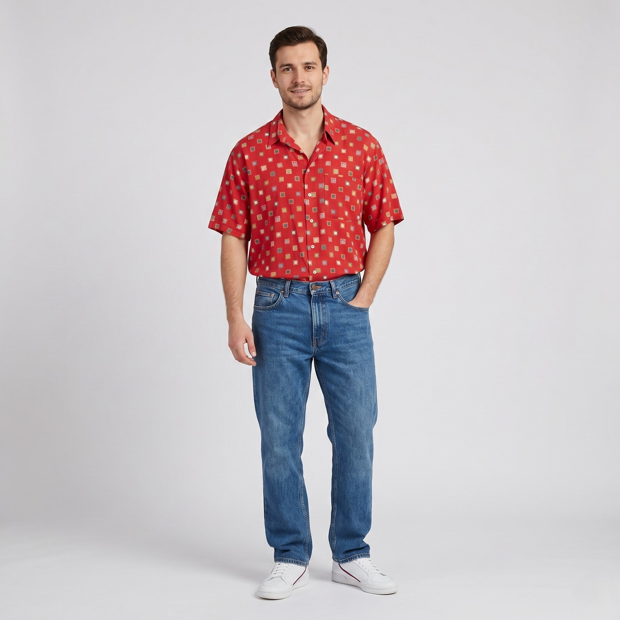 Jean Jaunbert Men XL (L) Casual Shirt Red Cotton Vintage Cubes Print Retro Top