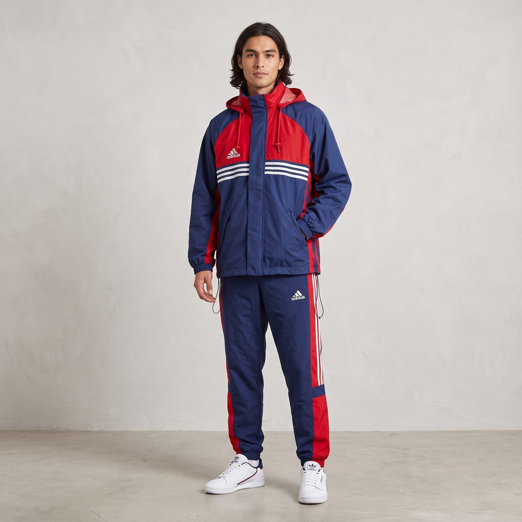 Adidas Men M Jacket Navy Red Nylon Waterproof Hidden Hood Full Zipper Top