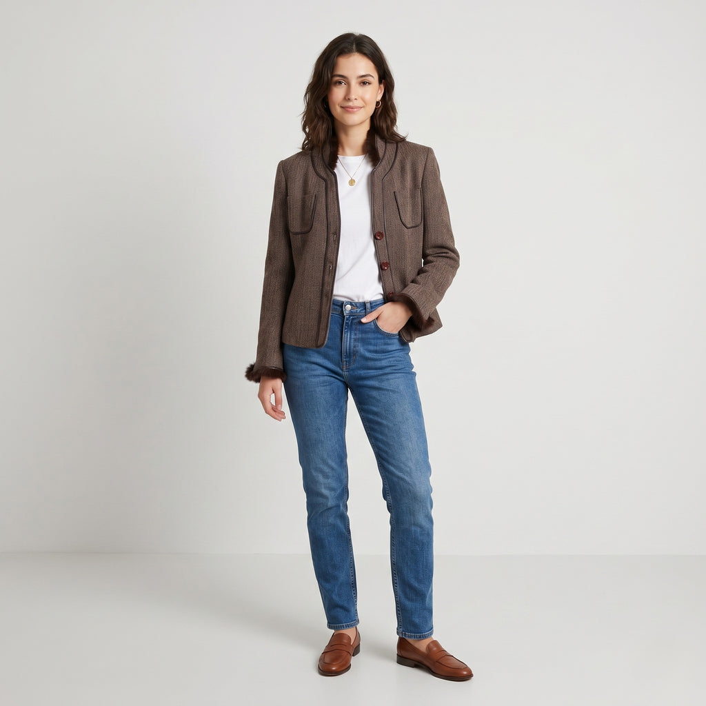 Prato Women 42 M Blazer Brown Viscose Soft Classic Shoulkder Pads Jacket
