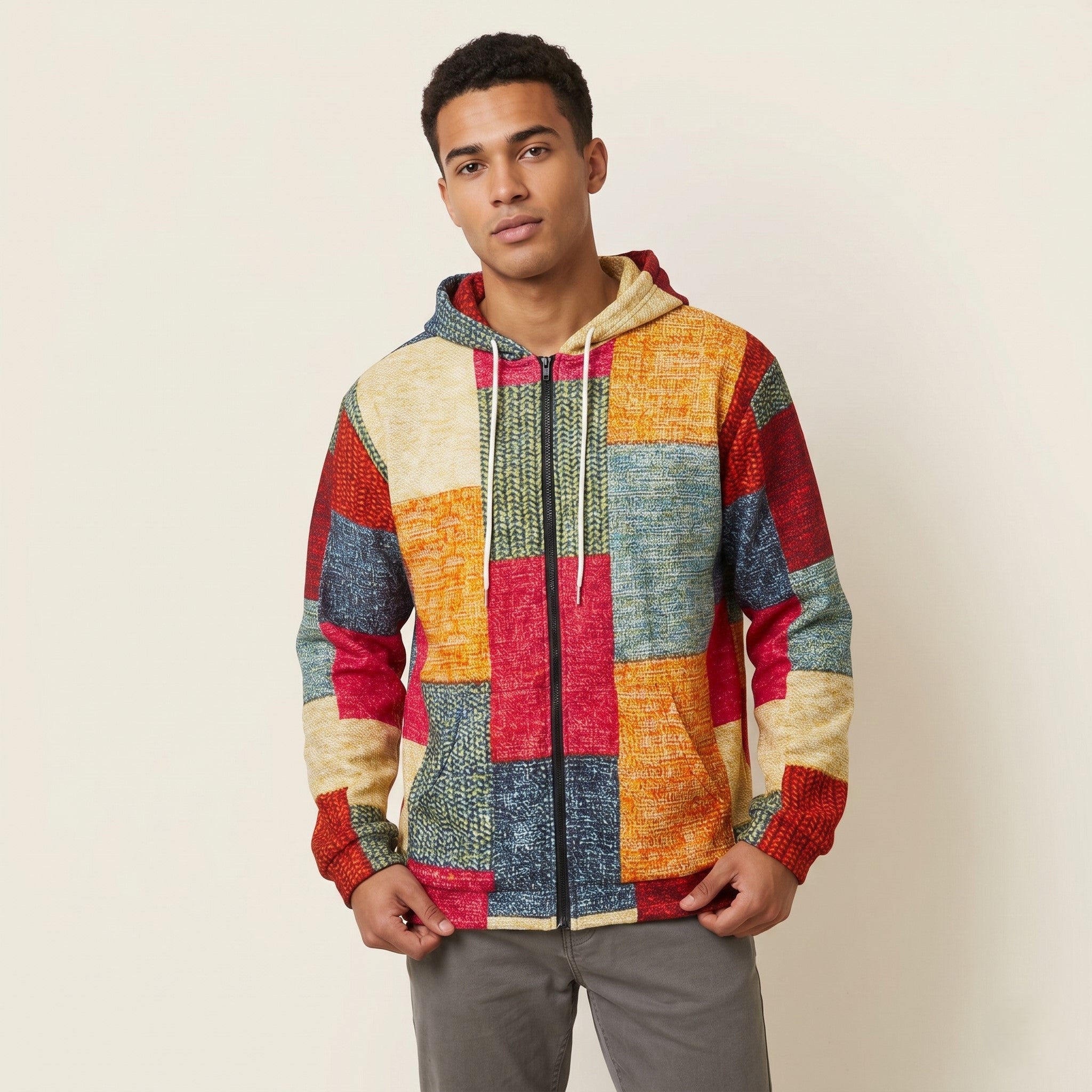 Vintage Men L Sweatshirt Multicolour Patchwork Print Shiny Hooded Top