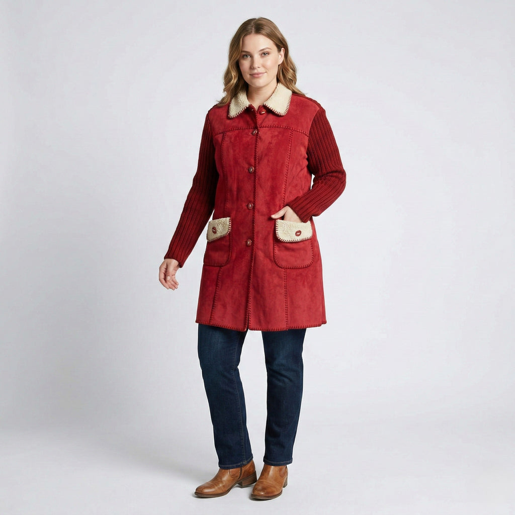 Risensun Woman L Jacket Red Padded Collar Bottoms Pockets Vintage Sweater  Jacket Top