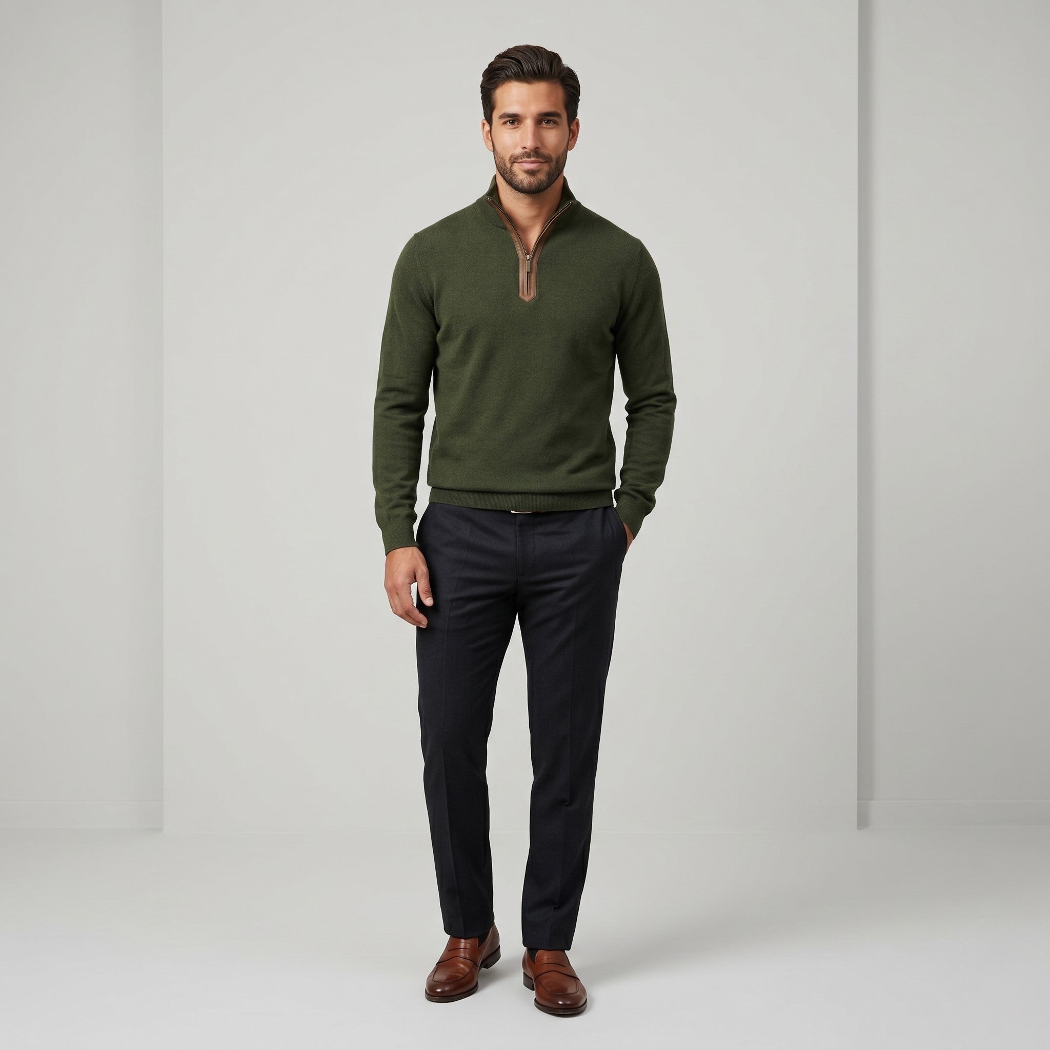 Massimo Dutti Men L (M) Jumper Green Cotton Cashmere Blend Zip Neck Sweater