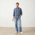 Globetrotter Men L 41/42 Casual Shirt Checkered  Down Collar Blue Long Sleeve Cotton Top