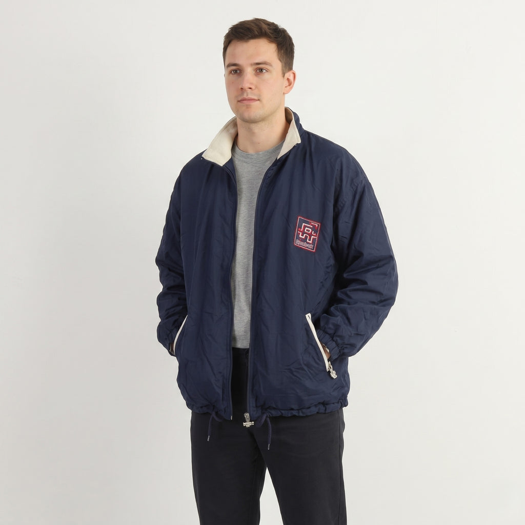 Reebok Men L Bomber Jacket Navy Vintage Athletic Tarining Double Sided Top