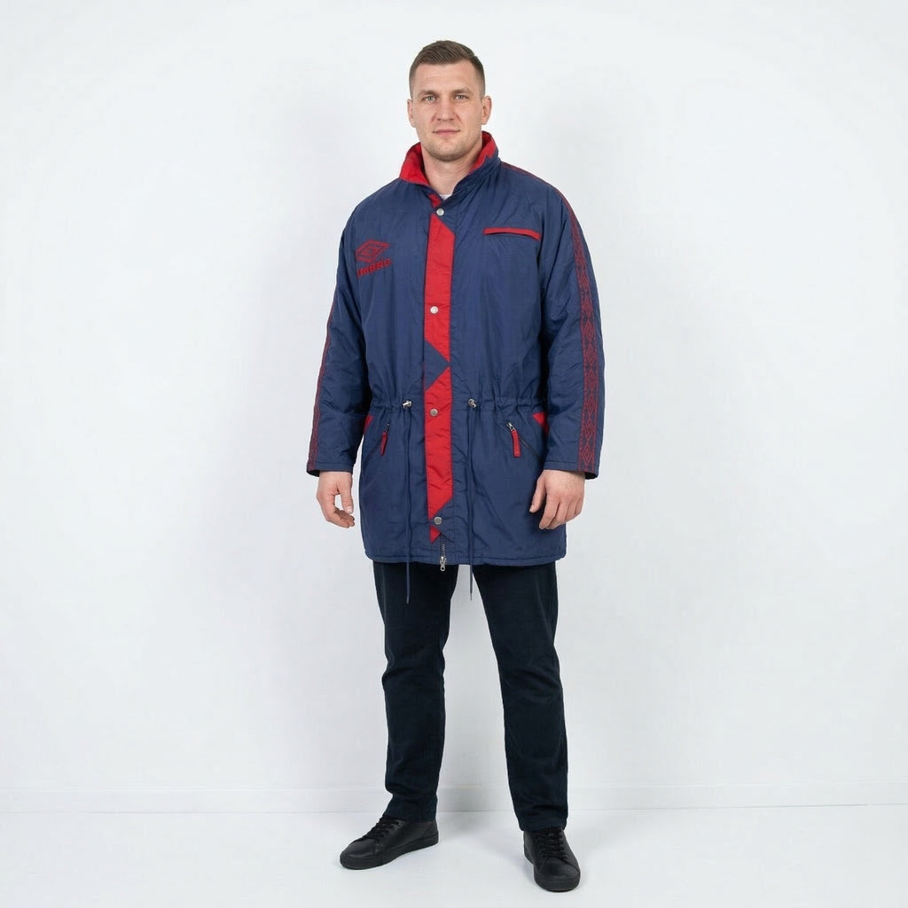 Umbro Mens 2XL Jacket Navy Vintage Nylon Waterproof Oldschool Parka Hidden Hood