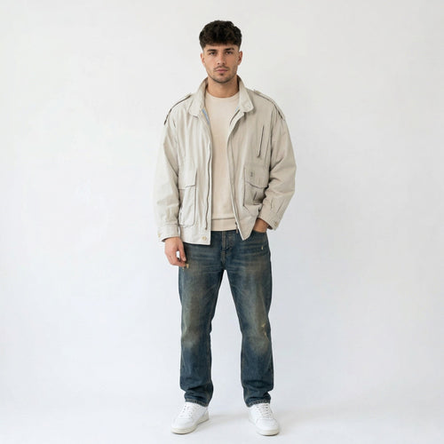 Bugatti Sport Men 48 S Bomber Jacket Beige Cotton Vintage Full Zipper Harrington