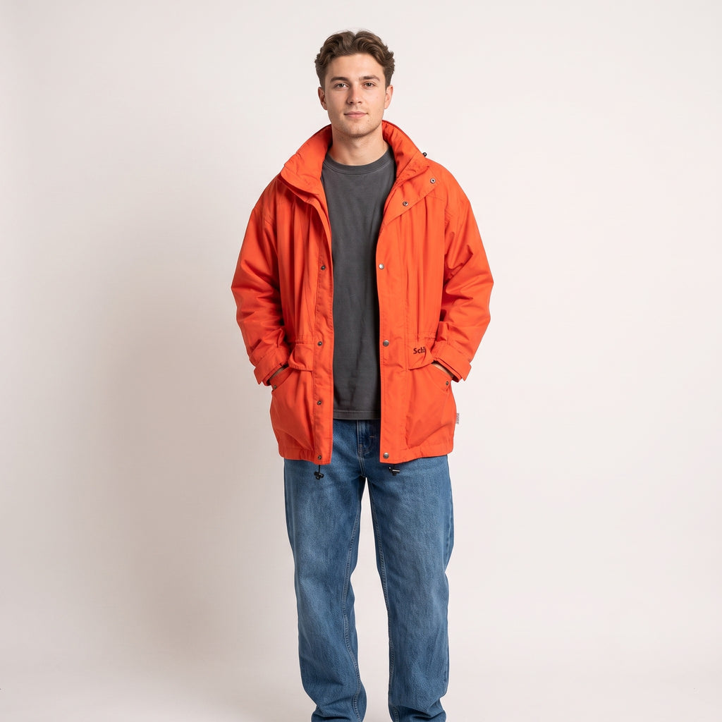 Schoffel Men L Jacket Orange Outdoor Lightweight Hidden Hood Full Zipper  Vintage Top