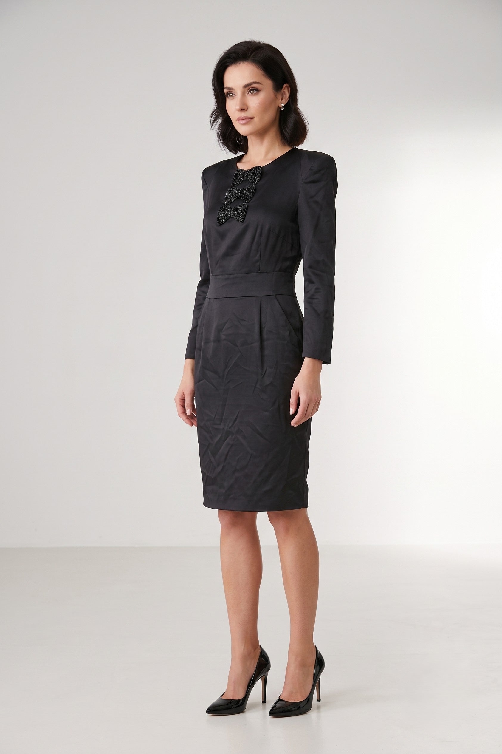 Malene Birger Women 38 M Mini Dress Style Ares Black Silk Shoulder Pads 7/8 Sleeve