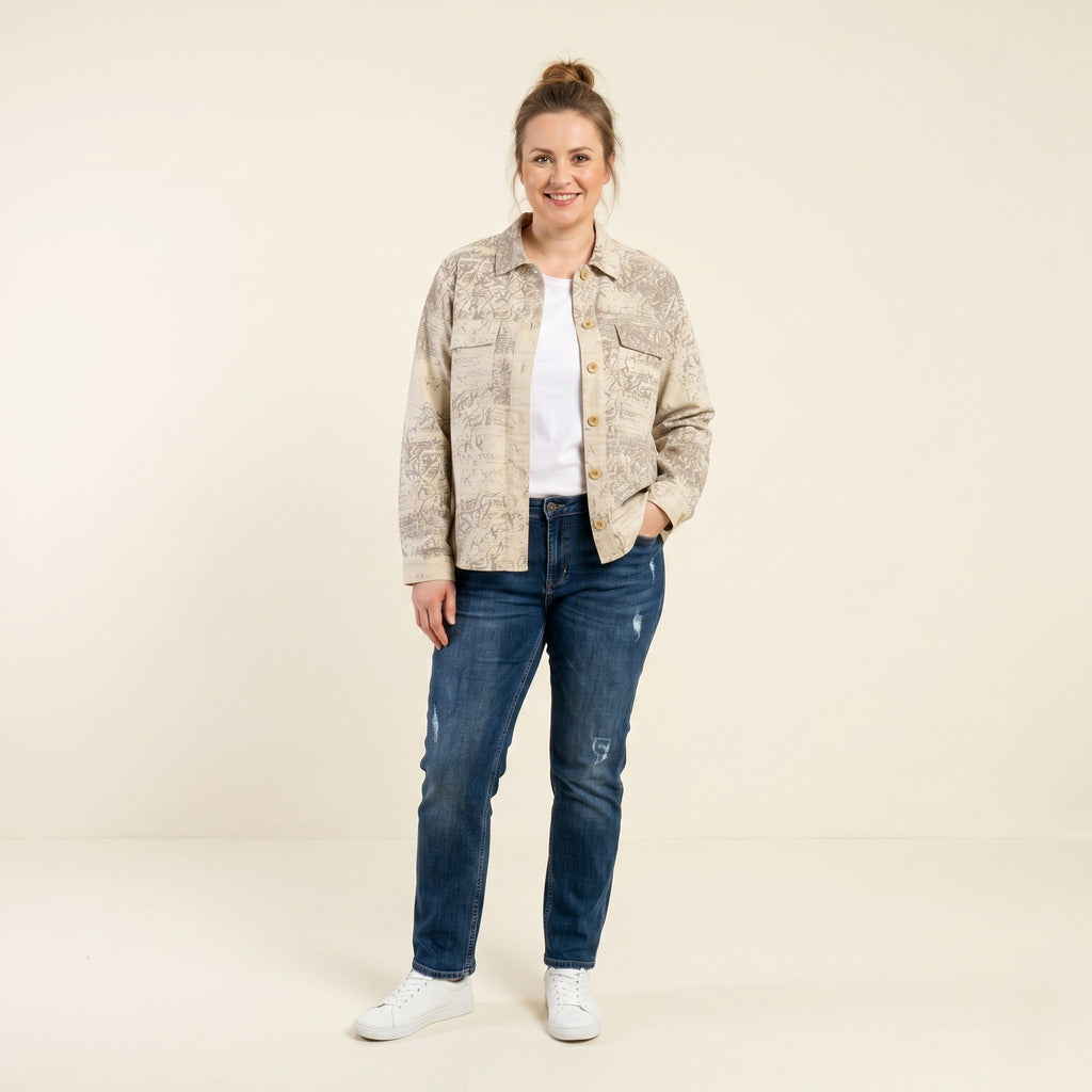 Gerry Weber Women 14 40 L Blazer Beige Cotton Western Printed Buttoned Country Collar Vintage Jacket