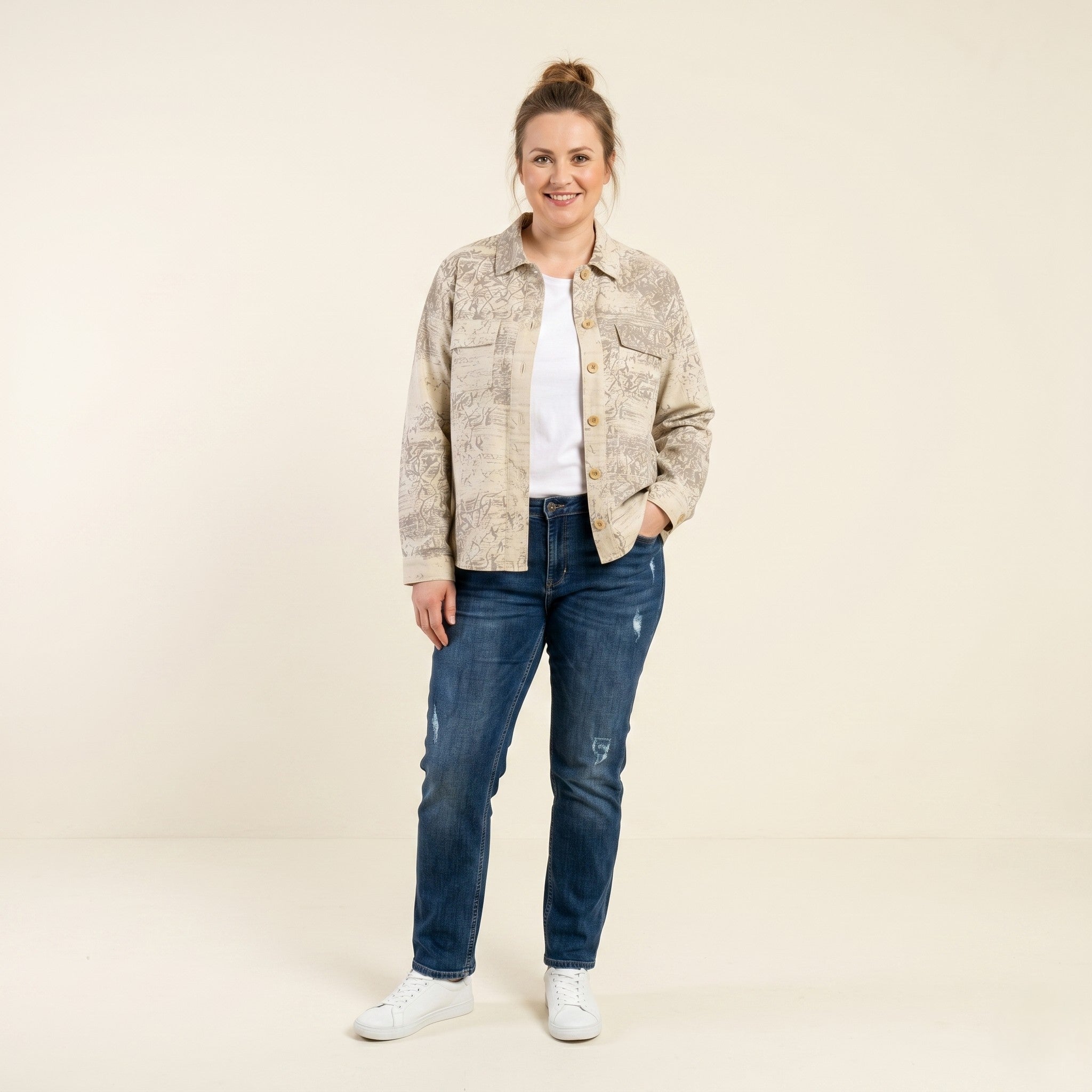 Gerry Weber Women 14 40 L Blazer Beige Cotton Western Printed Buttoned Country Collar Vintage Jacket