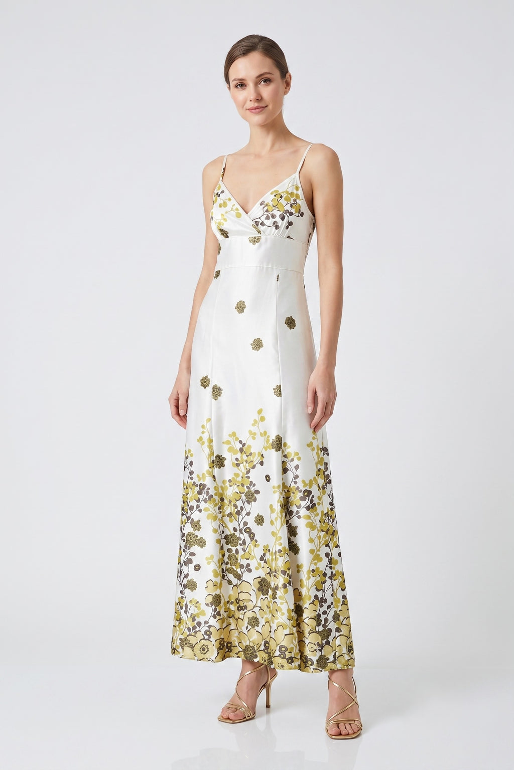 DONNA by Halolhuber Womens 36 S Maxi Dress White Shiny Floral Print Long Sexi