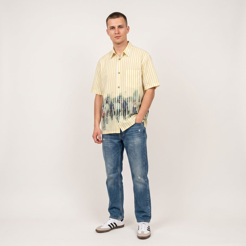 Signum Men M Casual Shirt Yellow Striped Cotton Vintage Streetwear Pocket Top