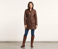 S&B Fashion Women L (M) Leather Jacket Brown Full Zipper Long Fit Classic Top